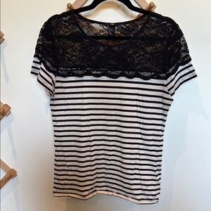 H&M Black and White Lace Fitted Blouse